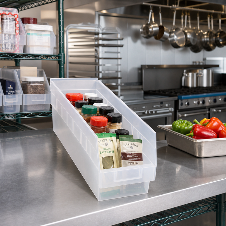 Product image #2 for Quantum Economy Nesting Shelf Bin with Rear Hanglock, 6-5/8 x 17-7/8 x 6 Inch, Clear Polypropylene