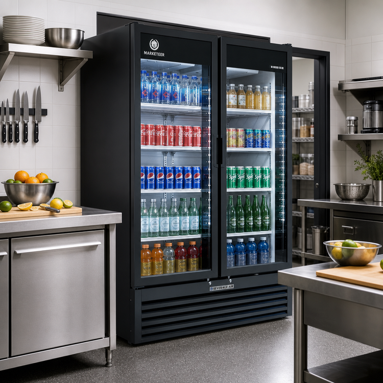 Product image #2 for Beverage-Air Marketeer MT53-1B Two-Section Reach-In Glass Door Refrigerated Merchandiser, Black, 41.66 Cu. Ft.