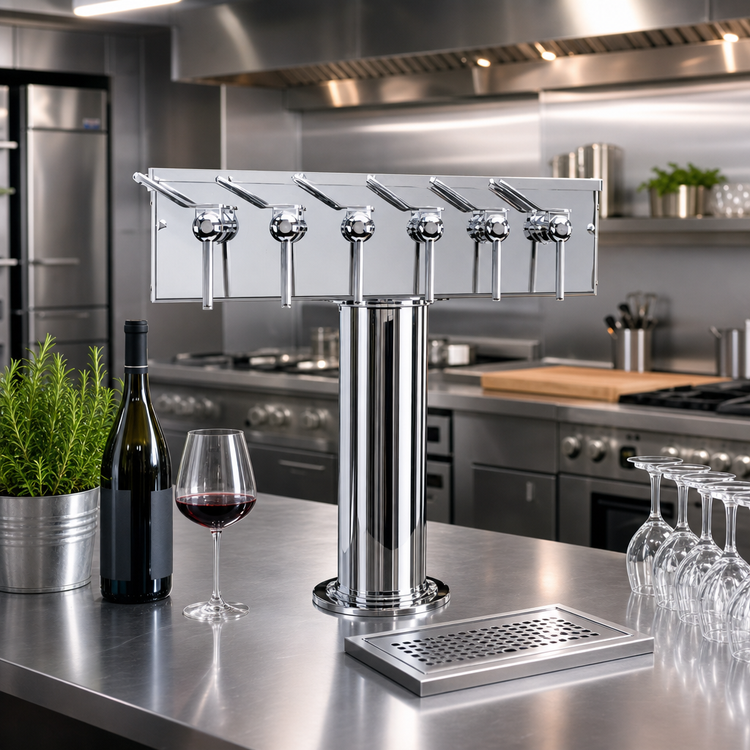 Product image #2 for T Style Countertop Air-Cooled Wine Font with 6 Polished Stainless Steel Side Pull Faucets