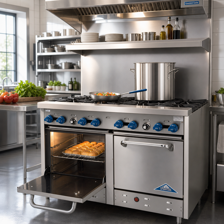 Product image #2 for Comstock-Castle F3218 48-Inch Commercial Gas Range with 8 Star Burners, 2 Space-Saver Ovens, and High Shelf