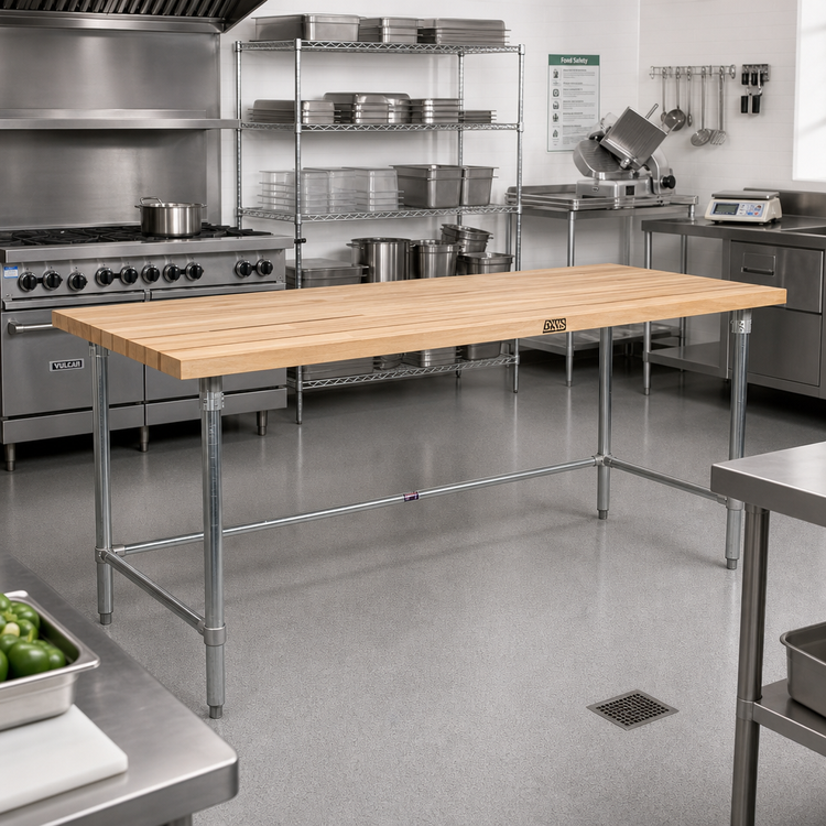 Product image #2 for BK Resources 96-Inch x 36-Inch Hard Maple Flat Top Work Table with Stainless Steel Open Base