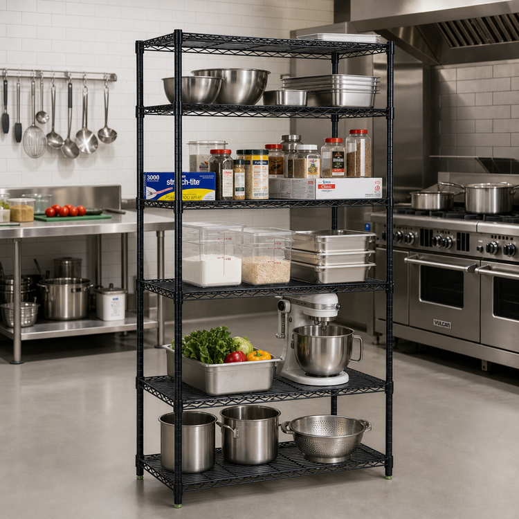 Product image #2 for Quantum 48" x 30" x 63" 5-Shelf Stationary Black Epoxy Antimicrobial Wire Shelving Starter Kit