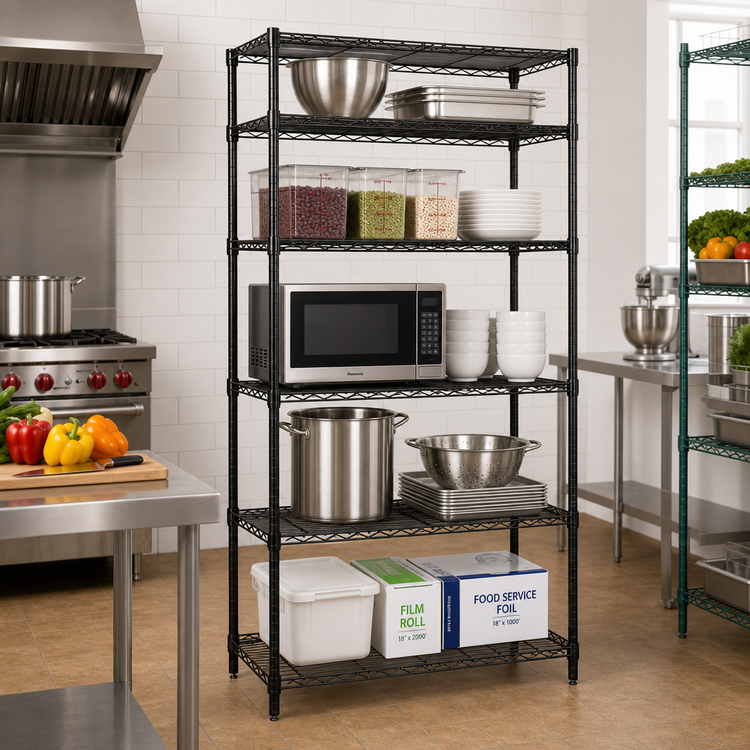Product image #2 for Quantum WR54-1430BK-5 Wire Shelving Starter Kit, 30"W x 14"D x 54"H, 5 Shelves, Black Epoxy Antimicrobial Finish