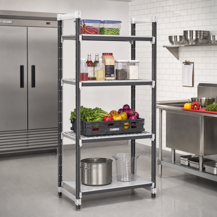 Product image #2 for Cambro Camshelving Elements XTRA 24 in. x 54 in. x 72 in. Stationary Starter Unit, 4-Tier Vented and Solid Polymer Shelving, Speckled Gray