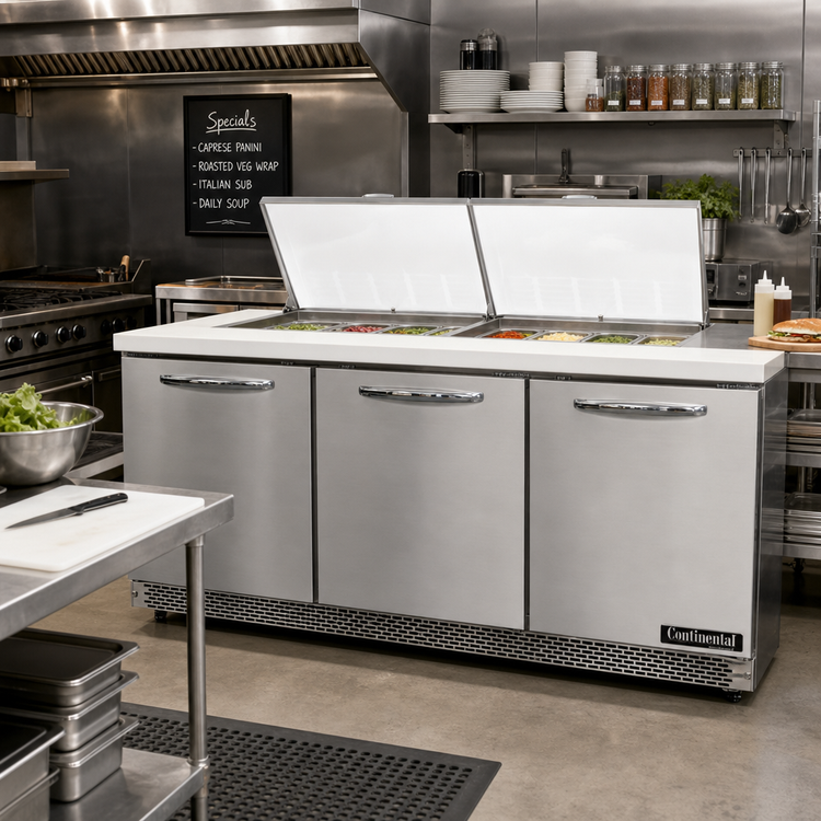 Product image #2 for Continental Refrigerator Mighty Top SW72N24M-FB 72" Three-Section Front Breathing Sandwich Unit with Solid Doors and 24 Pan Capacity