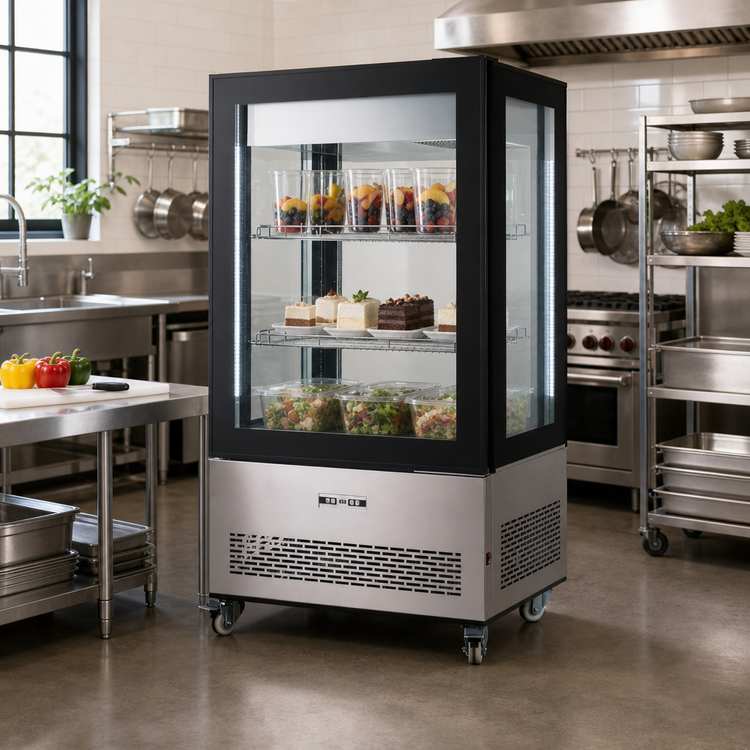 Product image #2 for Omcan Floor Model Full-Service See-Thru Refrigerated Display Case, 12.36 Cu. Ft., Self-Contained, Glass Ends