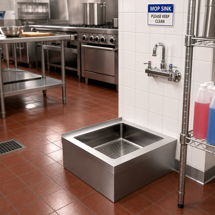 Product image #2 for Omcan USA Stainless Steel Floor-Mount Mop Sink with Drain Basket, 28 x 20 x 6 Inch Bowl