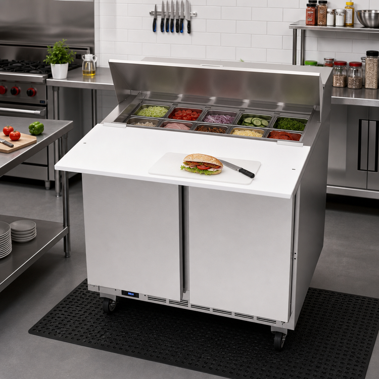 Product image #3 for Beverage-Air SPE36HC-10C 36-Inch Two-Door Sandwich Prep Table With 17-Inch Cutting Board and 10-Pan Top
