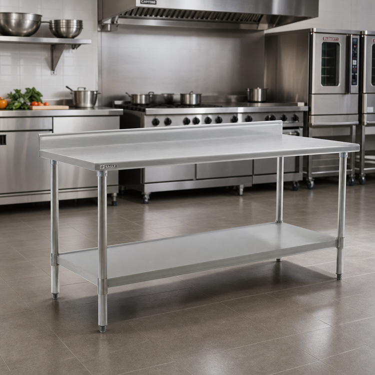 Product image #2 for Eagle Group Deluxe Series Stainless Steel Work Table with Rolled Edge Top, 4-1/2 Inch Backsplash, and Adjustable Undershelf