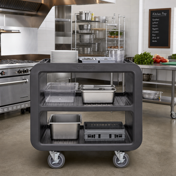 Product image #3 for Cambro Service Cart Pro Medium Open-Side Three-Shelf Bus Cart, Dark Brown