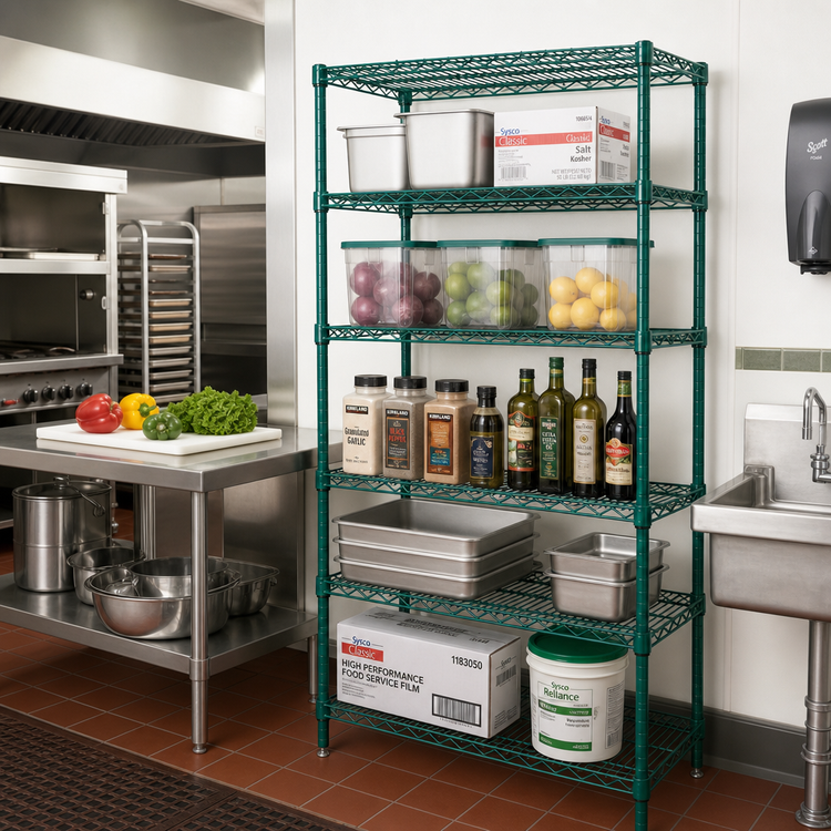 Product image #2 for Quantum 5-Shelf Wire Shelving Starter Kit, 36-Inch Wide x 14-Inch Deep x 86-Inch High, Green Epoxy Antimicrobial Finish