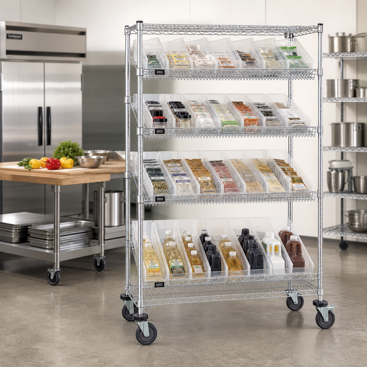 Product image #2 for Quantum Mobile Slanted Shelf Storage Cart with Clear Bins and Casters, 48 x 18 x 80 Inch, Chrome Plated