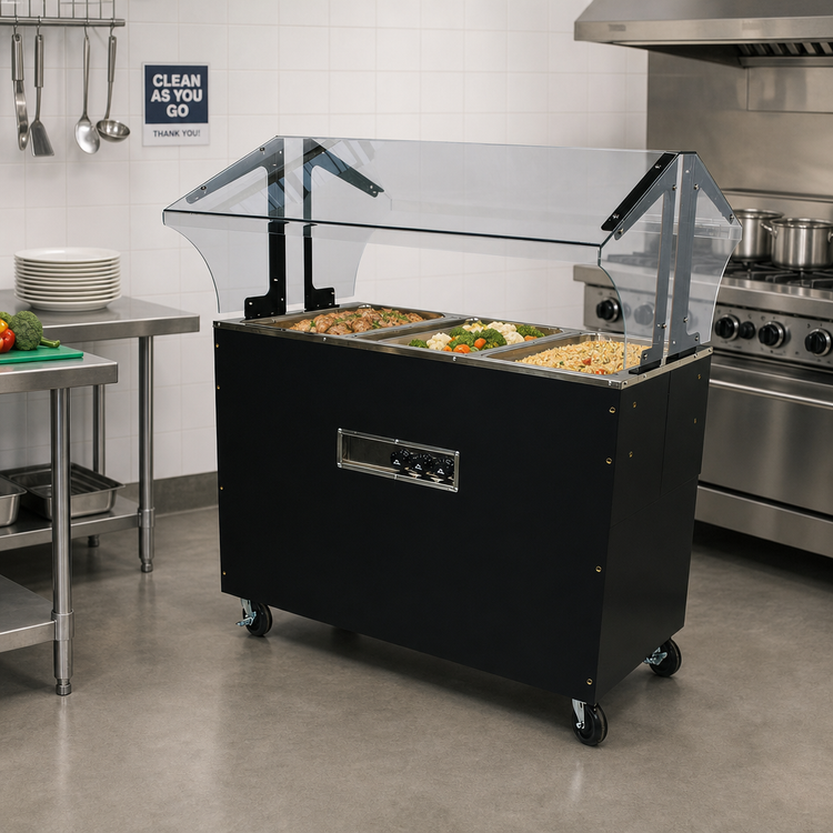 Product image #2 for Advance Tabco Triumph (Supreme) Portable Electric Open Well Hot Food Buffet Table with 3 Wells, Double-Sided Sneeze Guard, 208/240V