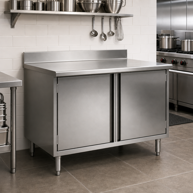 Product image #2 for Eagle Spec-Master 96-Inch x 30-Inch Stainless Steel Enclosed Worktable with Hinged Doors and 4-1/2-Inch Backsplash