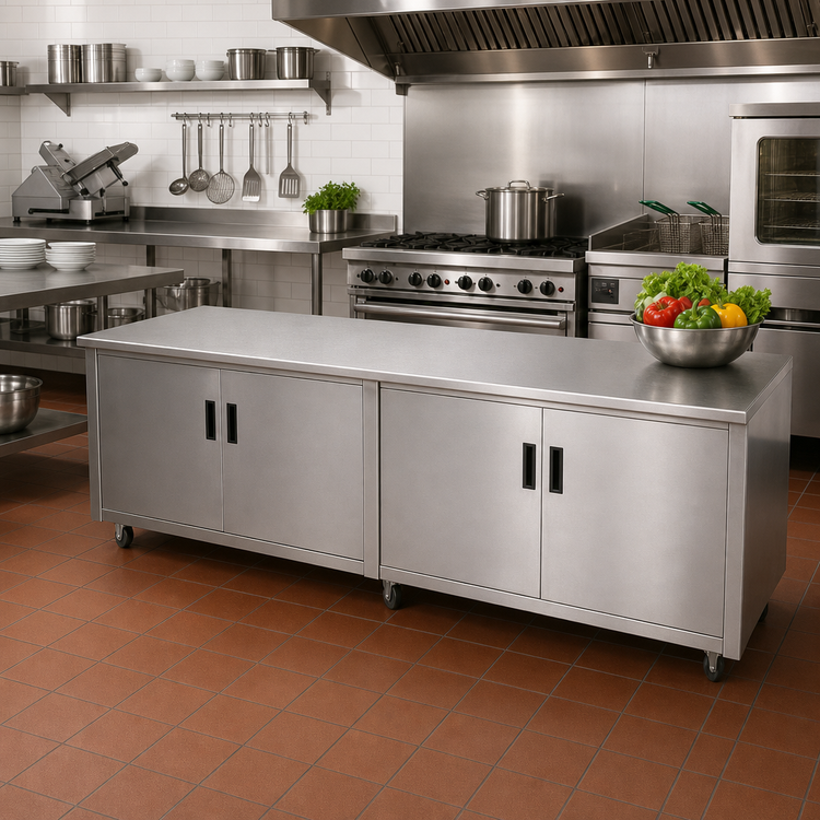 Product image #2 for Advance Tabco Enclosed Work Table with Cabinet Base and Hinged Doors, 96 x 24 Inch, 14 Gauge 304 Stainless Steel Top