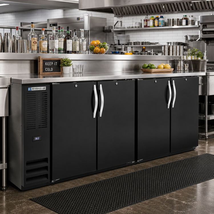 Product image #2 for Beverage-Air 48-Inch Two-Section Pass-Thru Open Food-Rated Back Bar Refrigerator, 4 Solid Doors, Black