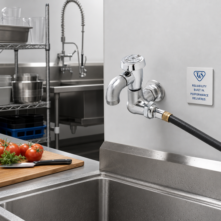 Product image #2 for T&S Brass Wall-Mount Single-Temperature Sill Faucet with Vacuum Breaker and Garden Hose Outlet, Rough Chrome