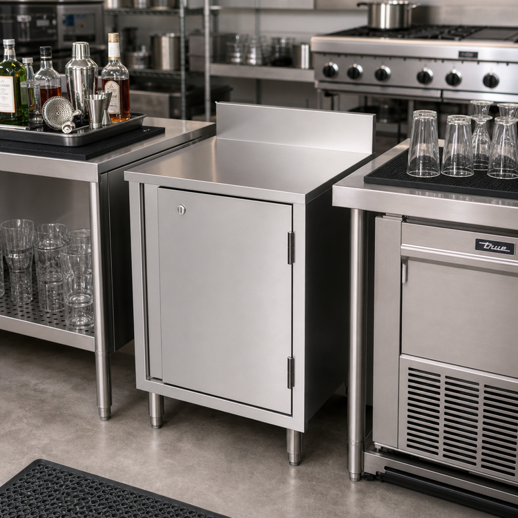 Product image #3 for BK Resources Well Series Stainless Steel Underbar Cabinet with Locking Hinged Door and 6-Inch Adjustable Legs, 18 x 21 Inches