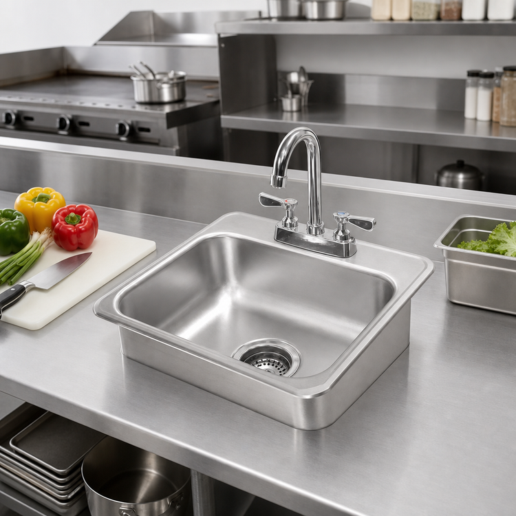 Product image #2 for Advance Tabco Drop-In Single-Compartment Stainless Steel Sink with Deck-Mounted Gooseneck Faucet and Basket Drain, 14 x 10 x 5 Inch Bowl