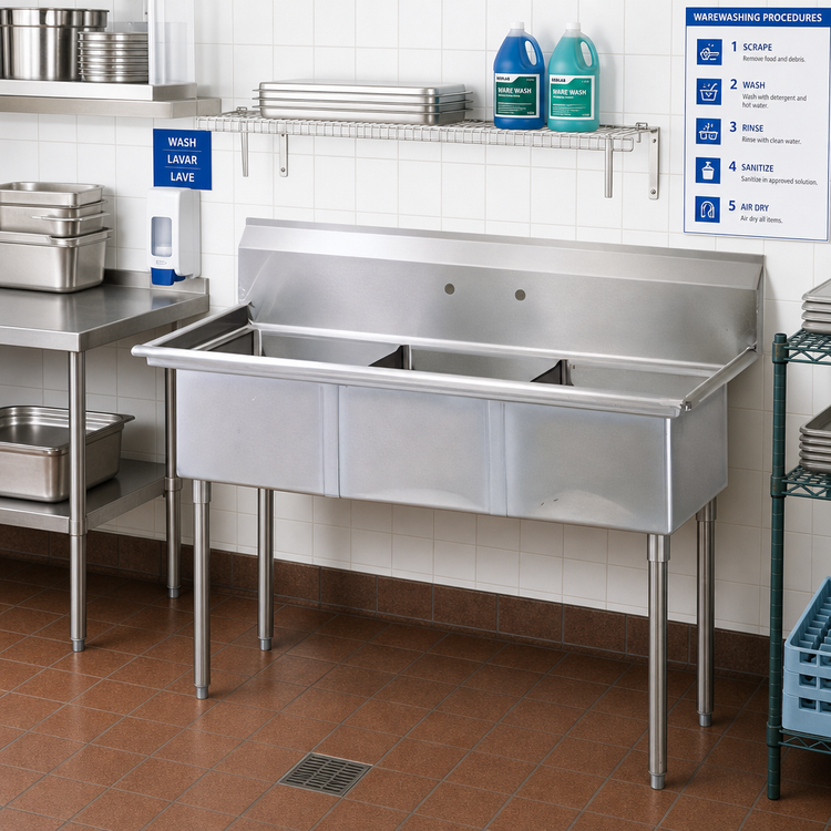 Product image #2 for Turbo Air 3-Compartment Stainless Steel Floor Sink with 11-Inch Backsplash, 60-Inch Wide, 18 x 18 x 14-Inch Bowls