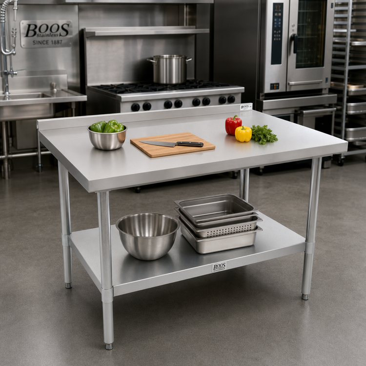 Product image #2 for John Boos Stallion 48" x 24" Economy Stainless Steel Top Work Table with 1-1/2" Rear Riser and Undershelf