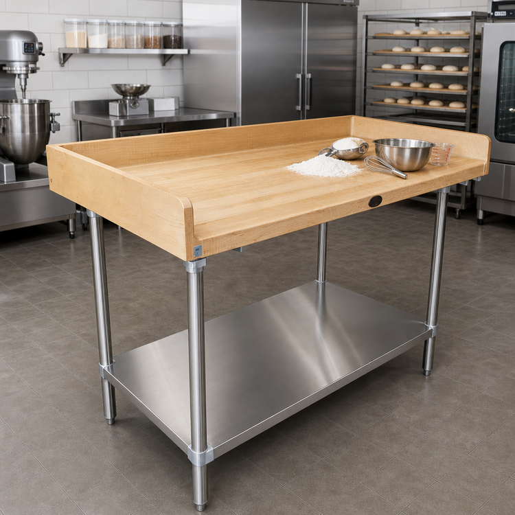 Product image #2 for Advance Tabco 84" x 36" Wood-Top Bakers' Work Table with 4" Rear and Side Splash, Stainless Steel Undershelf and Legs