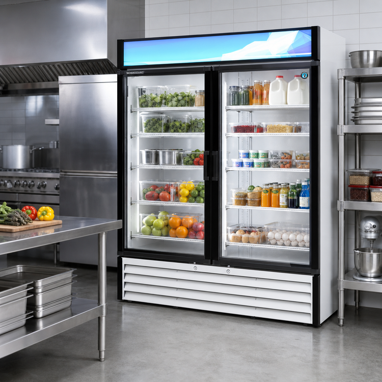 Product image #2 for Hoshizaki RM-49-HC-WHT Two-Section Reach-In Glass Door Refrigerated Merchandiser, White