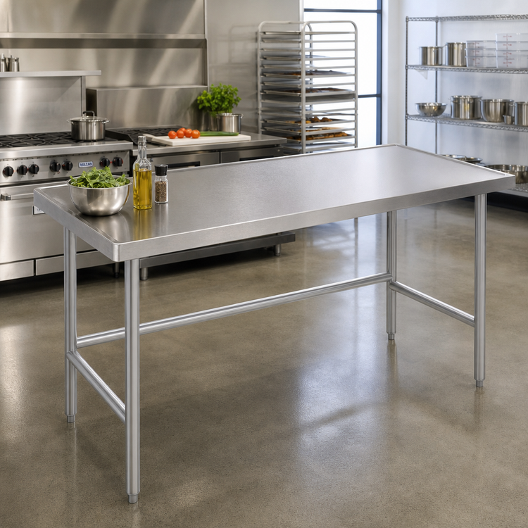Product image #2 for Advance Tabco 84-Inch x 30-Inch 14-Gauge 304 Stainless Steel Work Table with Countertop Non-Drip Edge and Galvanized Open Base
