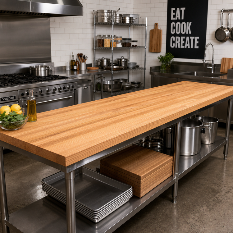 Product image #2 for John Boos Appalachian Red Oak Blended-Rail Edge-Grain Island Countertop, 132 x 27 x 1-1/2 Inch, Varnique Finish