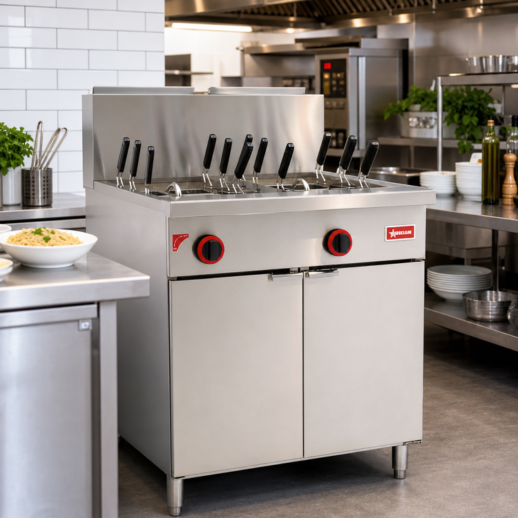 Product image #2 for Omcan Natural Gas Floor Model Pasta Cooker with Dual 11-Gallon Tanks and 12 Baskets