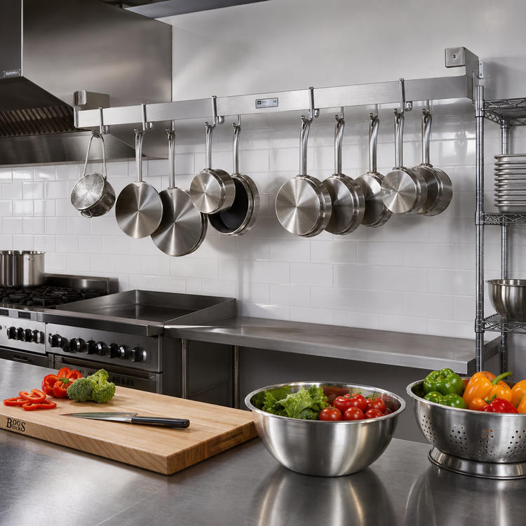 Product image #2 for John Boos 144-Inch Wall-Mounted Single-Bar Stainless Steel Pot Rack with 12 Double Hooks