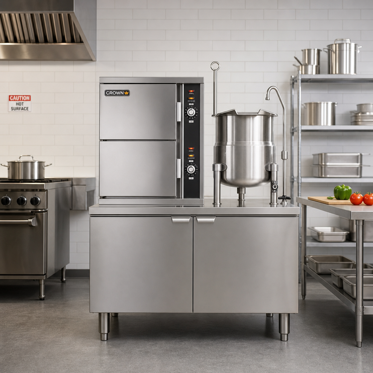 Product image #2 for Crown ECX-2-10 Two Compartment Electric Convection Steamer with 10 Gallon Kettle, 48" Base