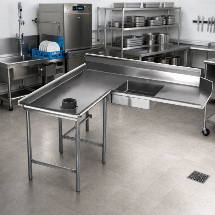 Product image #2 for Spec-Master Soiled Dishtable, Island Design, 120" x 60" L-Shaped, 14 Gauge 304 Stainless Steel, Left-to-Right