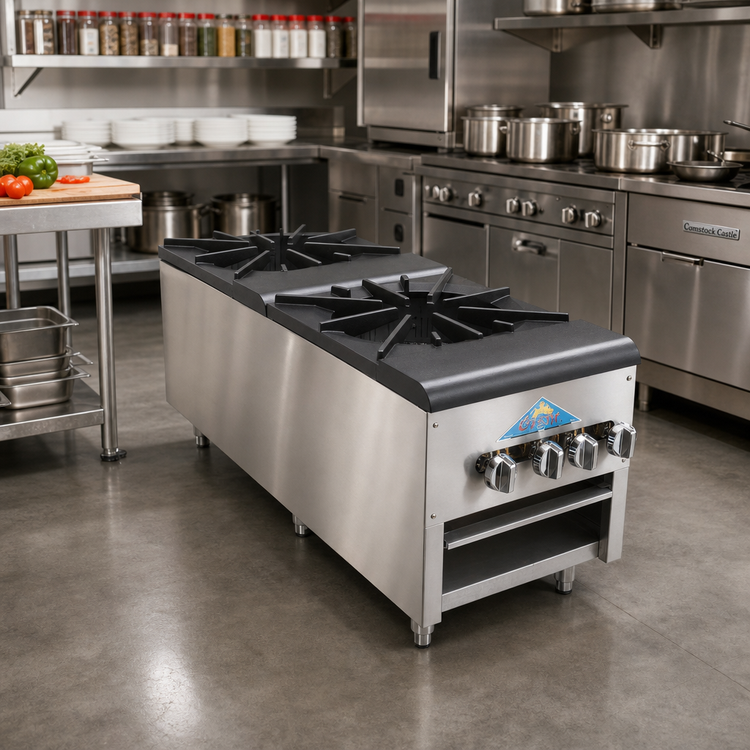 Product image #2 for Comstock-Castle 18-Inch Wide Gas Stock Pot Range with 2 Double Burner Sections and Open Front Cabinet Base