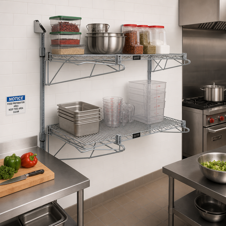 Product image #2 for Quantum Cantilever Double Shelf Wall-Mount Wire Shelving Unit, 2 x 60 x 12 Inch Shelves, Gray Epoxy Antimicrobial Finish