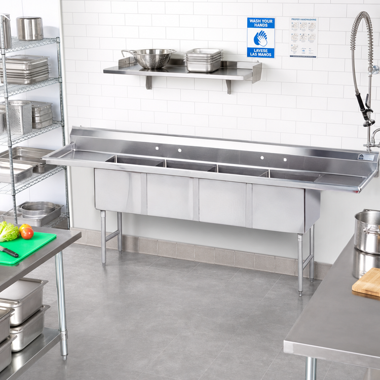 Product image #2 for Advance Tabco 4-Compartment Fabricated Sink with 24" Left & Right Drainboards, 24" x 24" x 14" Bowls, 16 Gauge 304 Stainless Steel