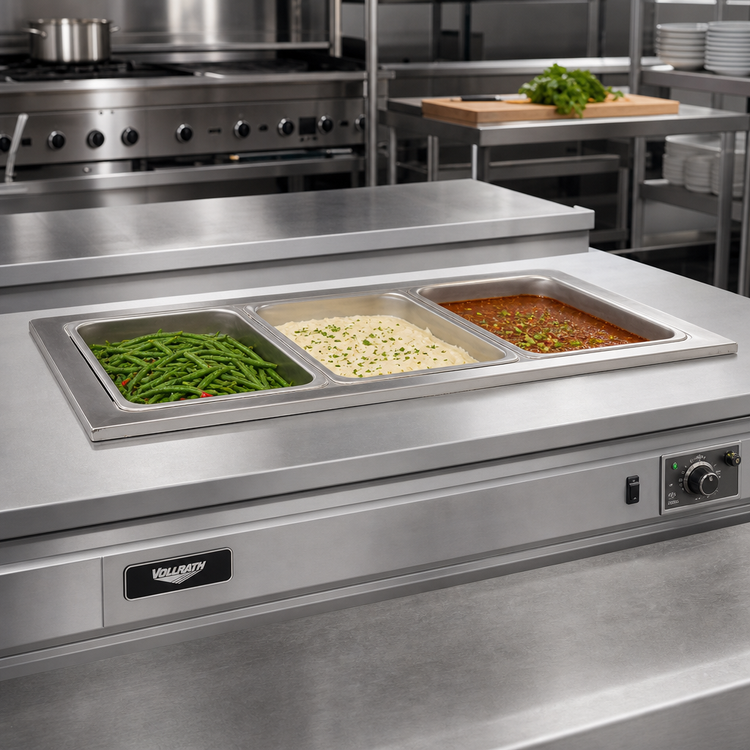 Product image #2 for Vollrath Short-Sided 3-Pan Drop-In Hot Well with Manifold Drain and Autofill, Thermostatic, 120V
