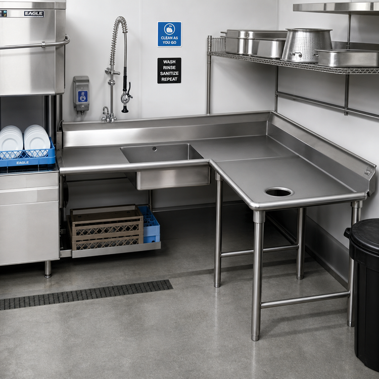 Product image #2 for Eagle Group Corner Soiled Dishtable, 96" Machine-to-Corner x 60" Corner-to-End, Right-to-Left Operation, 16-Gauge 304 Stainless Steel