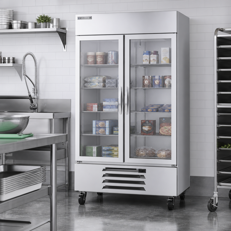 Product image #2 for Beverage-Air Horizon Series Two-Section Reach-In Glass Door Freezer, 44 Cu. Ft., Bottom-Mount Self-Contained Refrigeration