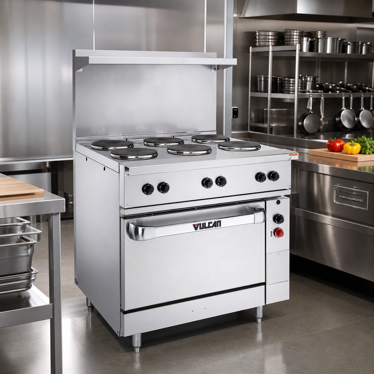 Product image #3 for Vulcan 36-Inch Electric Restaurant Range with 2 French Plates, 2 Hot Tops and Standard Oversized Oven, 240V