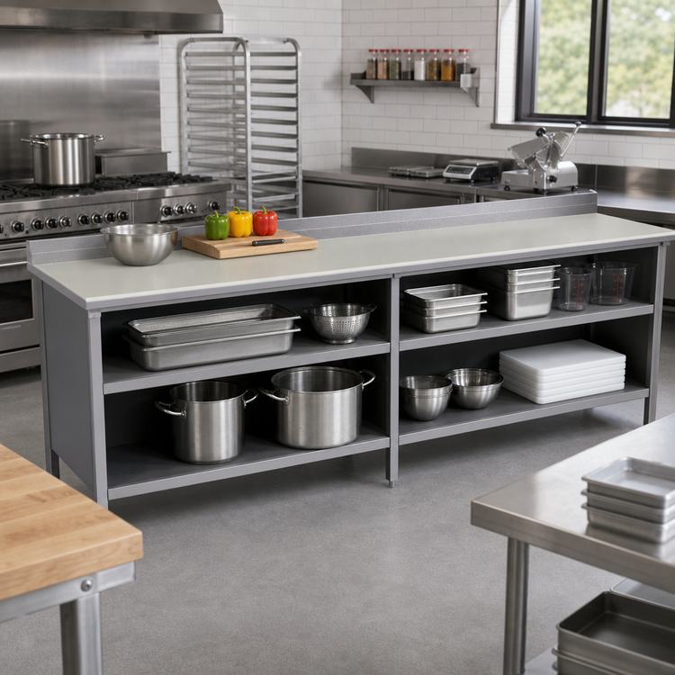 Product image #2 for John Boos Stainless Steel Poly Top Work Table with Open Front Cabinet Base, 96-Inch x 30-Inch, 5-Inch Backsplash
