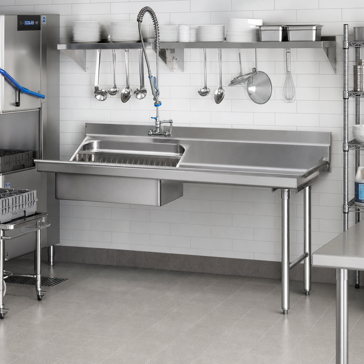 Product image #2 for Eagle Group Straight Soiled Dishtable with 8-Inch Backsplash and Pre-Rinse Sink, 96 x 30 Inches