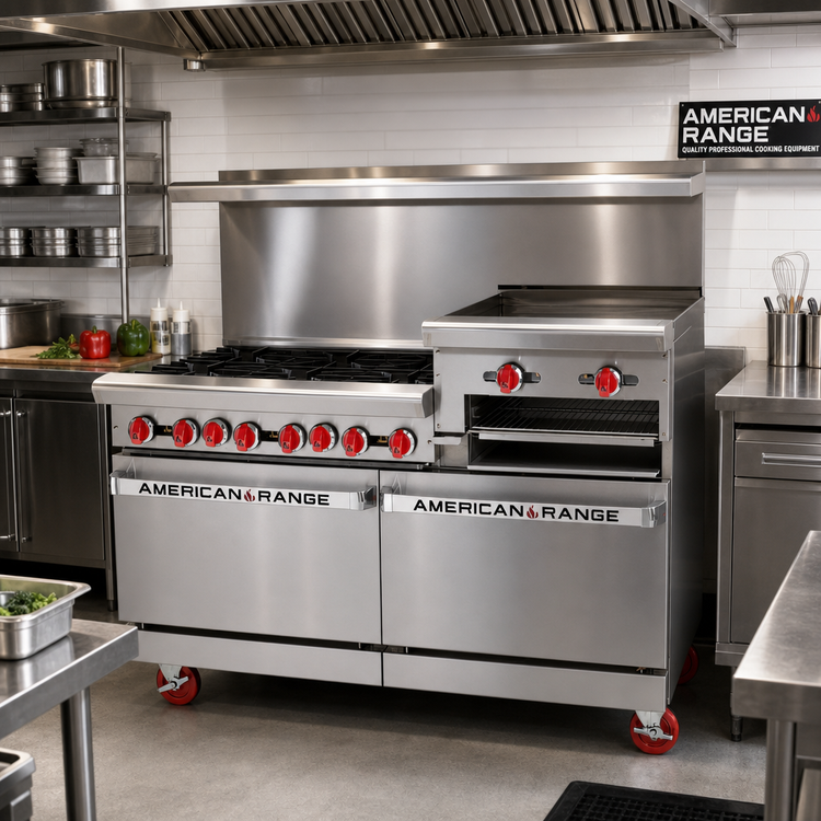 Product image #2 for American Range 60-Inch Gas Restaurant Range with 4 Open Burners, 36-Inch Raised Griddle/Broiler, and Double Storage Base Cabinets