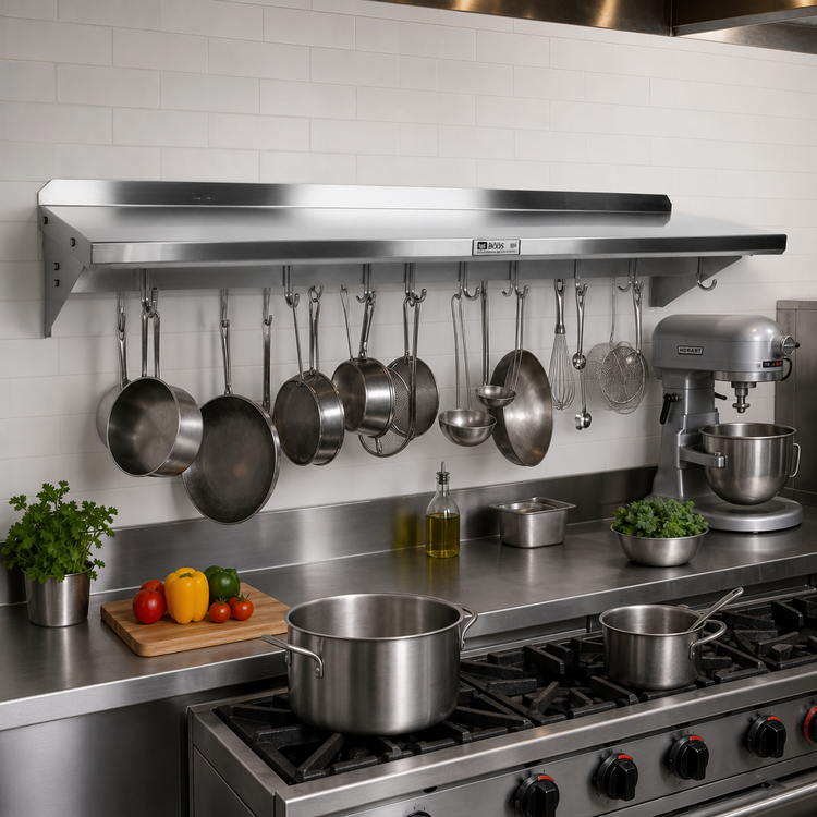 Product image #2 for John Boos Stallion 132-Inch x 12-Inch Wall-Mount Stainless Steel Pot Rack Shelf with 11 Hooks