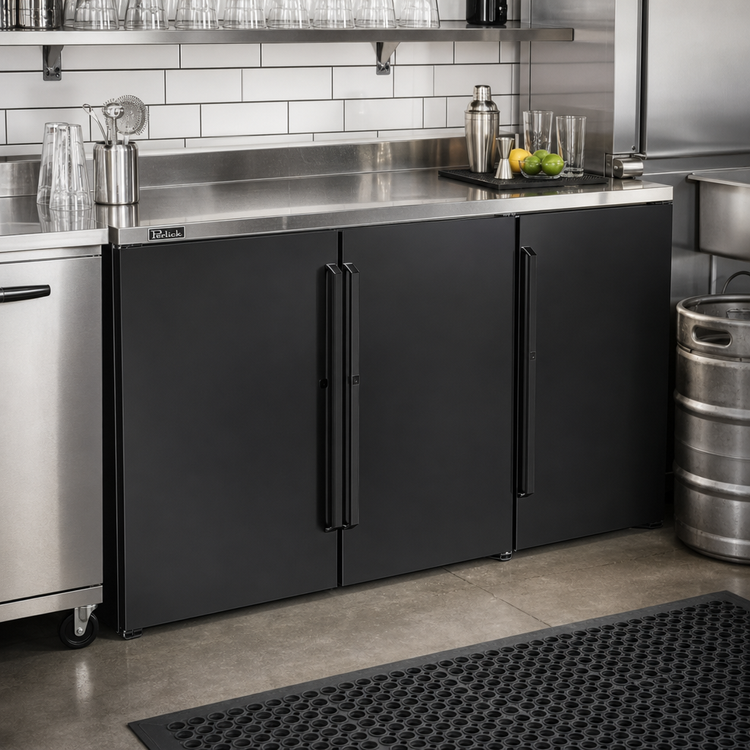 Product image #3 for Perlick PTR72 72-Inch Three-Section Remote Pass-Thru Back Bar Refrigerator with 6 Hinged Solid Doors, Black Exterior