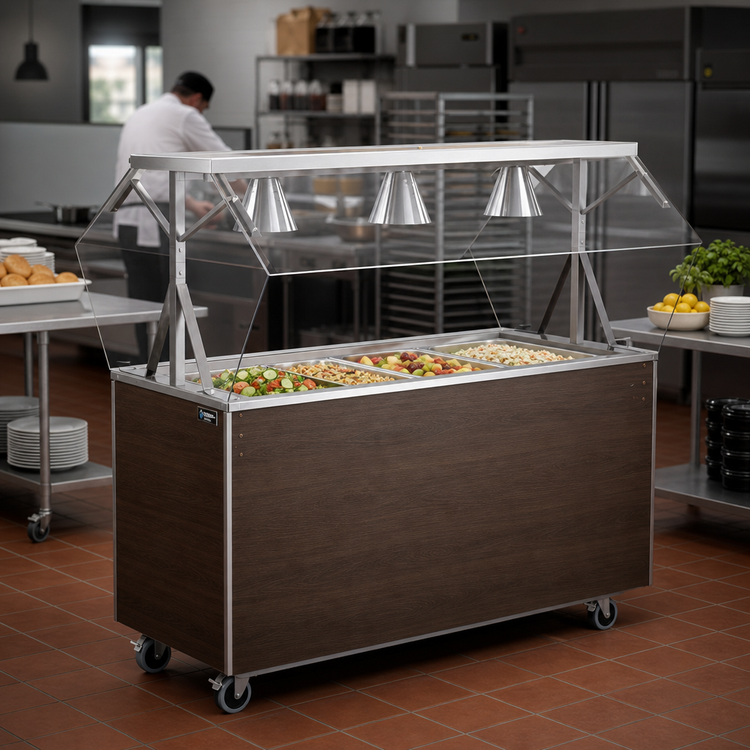 Product image #2 for Vollrath 2-Series Affordable Portable 60-Inch 4-Pan Non-Refrigerated Cold Food Station with Buffet Acrylic Breath Guard and Walnut Woodgrain Solid Base