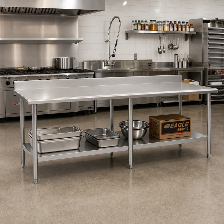 Product image #2 for Eagle Group Budget Series 108-Inch x 36-Inch 430 Stainless Steel Work Table with 4-1/2-Inch Backsplash and Adjustable Undershelf