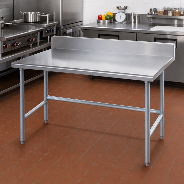 Product image #2 for Advance Tabco 48 Inch x 36 Inch 16-Gauge 304 Stainless Steel Top Work Table with 5 Inch Backsplash and Galvanized Open Base
