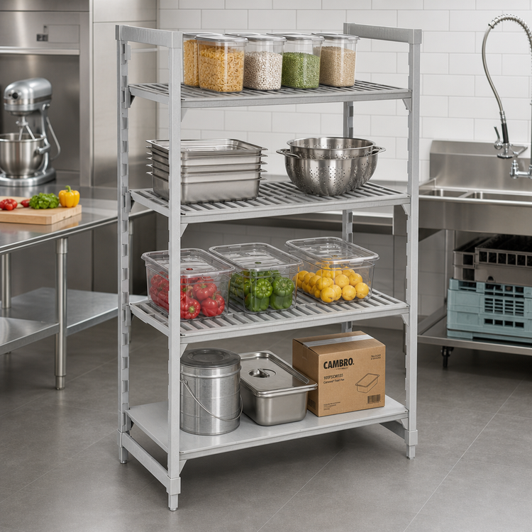 Product image #3 for Cambro Camshelving Premium 4-Tier Stationary Starter Unit, 21" x 48" x 64", Vented and Solid Shelves, Speckled Gray