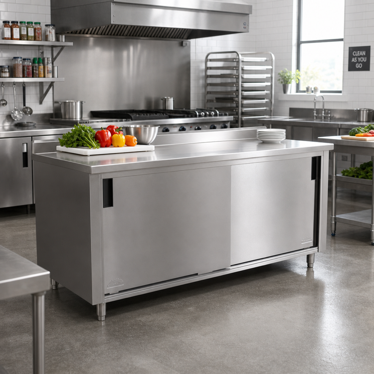 Product image #2 for Advance Tabco 144-Inch x 24-Inch Enclosed Work Table with Sliding Doors, 14-Gauge 304 Stainless Steel Top, 1-1/2-Inch Rear Up-Turn